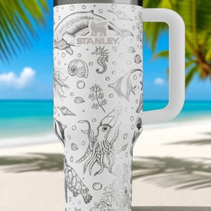 Ocean Creatures Engraved Stanley Tumbler – 40oz Underwater Sea Life Cup with Jellyfish, Turtles, Whales & Coral, Marine Gift Idea image 7