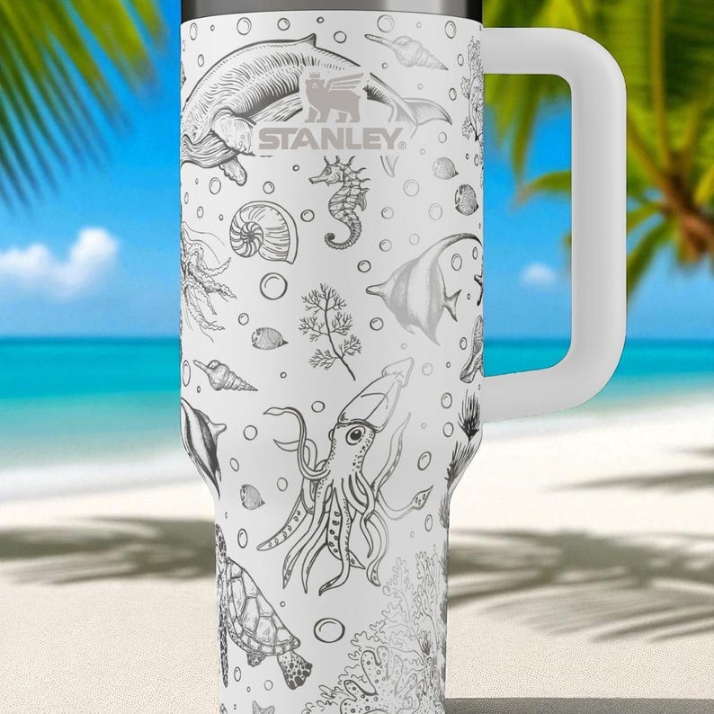 Ocean Creatures Engraved Stanley Tumbler – 40oz Underwater Sea Life Cup with Jellyfish, Turtles, Whales & Coral, Marine Gift Idea image 7