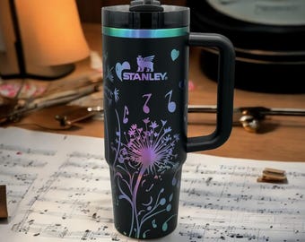 Gepersonaliseerde Stanley-drinkbeker | Muzikaal en bloemendesign | Geïsoleerde mok voor muziekliefhebbers