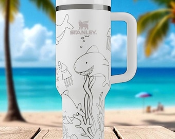 Shark Stanley Tumbler – Engraved 40oz Ocean Cup with Handle and Straw – Fun Gift for Kids, Summer Vibes and Underwater Animal Fans