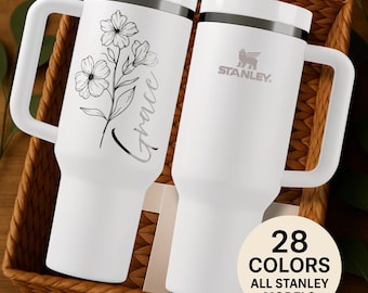 Vaso térmico con la flor de nacimiento de febrero – Vaso Stanley personalizado de 1,1 litros – Diseño violeta con nombre personalizado – Regalo para ella