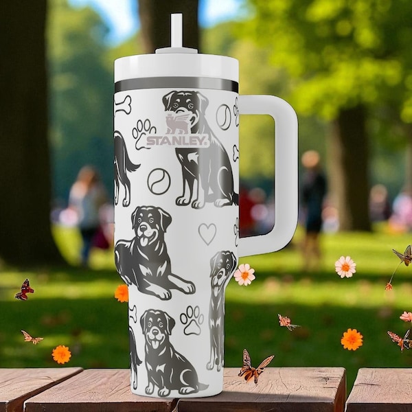 Gegraveerde Rottweiler Stanley drinkbeker – Stoer hondencadeau met botten en pootafdrukken – 1,2 liter, 8,4 liter, 591 ml voor trouwe dierenliefhebbers