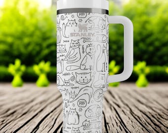 Cat Lover Stanley Tumbler – 40oz Engraved Cup with Cute Kitty Line Art, Flip Straw & Handle, Funny Gift for Feline Fans , Cat Moms