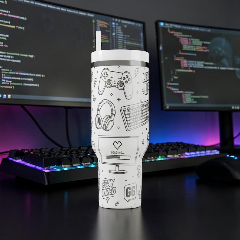 May include: White insulated tumbler with a black and white gaming-themed design. The tumbler features illustrations of a game controller, headphones, keyboard, and the words "Stay Wired" and "GG". It includes a white lid and a straw.