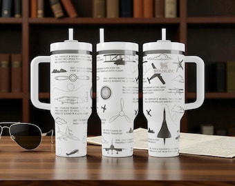 Stanley-Trinkbecher mit Flugzeugmotiv – Lasergravur, Geschenk für Piloten, Zeitleiste der Luftfahrtgeschichte (414 ml, 590 ml, 890 ml, 1180 ml)
