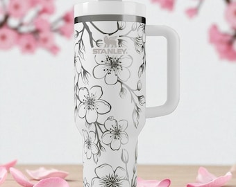 Cherry Blossom Stanley Tumbler – Floral Engraved 40 oz Cup, Elegant Flower Wrap Gift, Personalized Spring Mug for Her