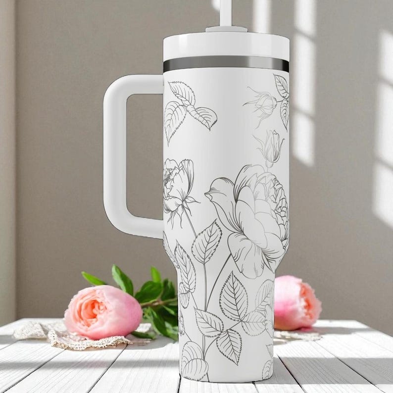 Floral Engraved Stanley Tumbler – 40oz Elegant Rose and Peony Design – Custom Laser Etched Cup for Her, Bridesmaid Gift or Garden Lover image 6
