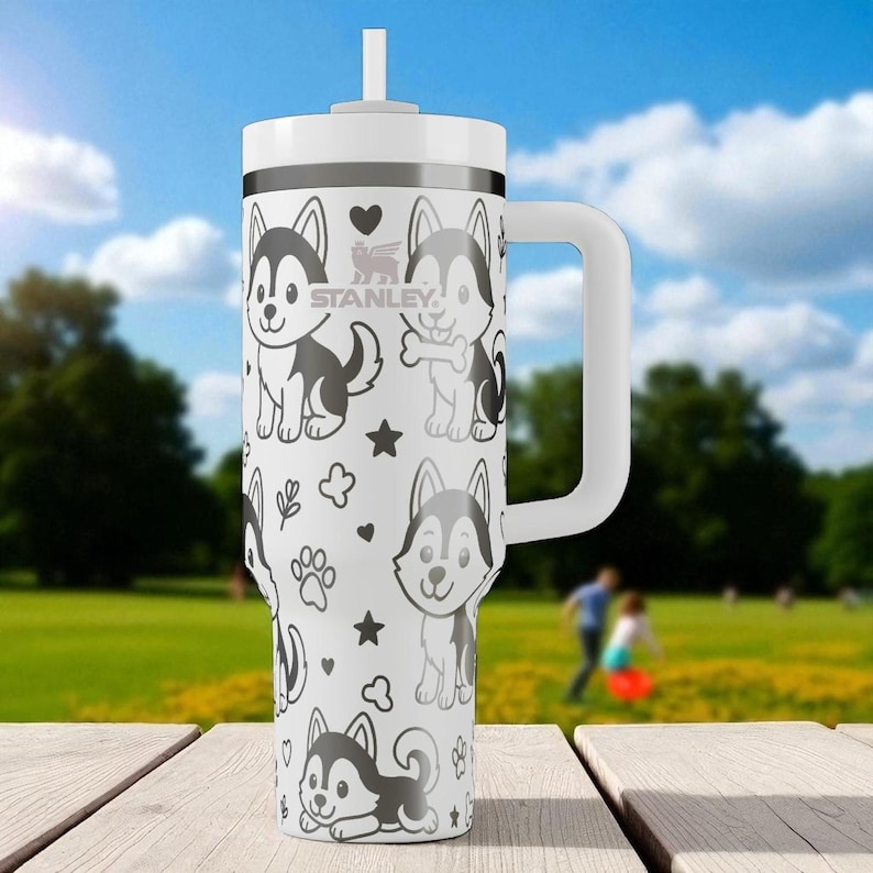 Graverad Husky-mugg – Stanley Cup 14oz 20oz 30oz 40oz – Gåva till hundälskare, söt Husky-valpmugg bild 1