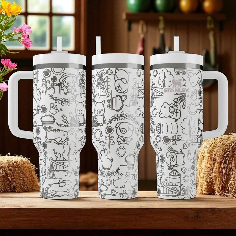 Farm Pig Stanley Tumbler – Cute Engraved Piglet and Barnyard Design (14oz 20oz 30oz 40oz) image 2