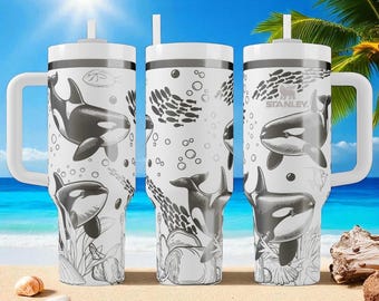 Orca Ocean Stanley drinkbeker – Orka strandprint, 1,2 liter gepersonaliseerd cadeau, beker met zeedieren gravure, cadeau voor liefhebbers van zeedieren