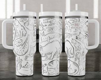 Engraved Cat Stanley Tumbler – 40oz Quencher with Cute Sleeping & Playing Cats Line Art, Gift for Cat Mom,  Custom Cup for Pet Lovers