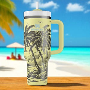Tropical Sunset Stanley Tumbler – Engraved 40oz Palm Tree Cup with Handle and Straw – Beach Vibe Gift for Summer and Coastal Dreamers