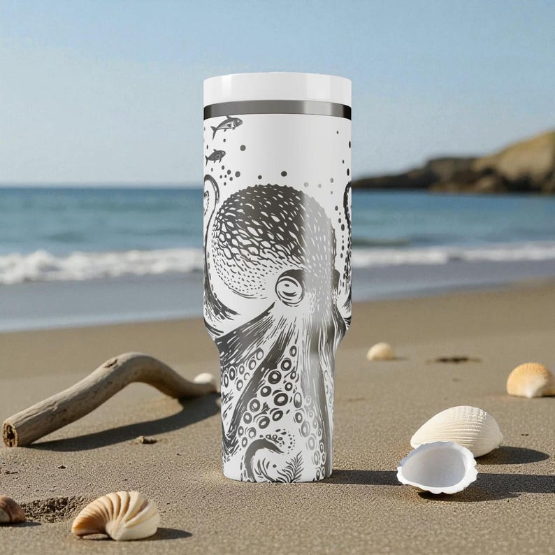 May include: White travel mug with a black and white octopus design. The tumbler features a detailed illustration of an octopus with its tentacles and suckers, along with fish and dots. The mug has a white lid and a silver band.