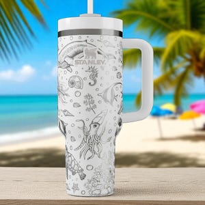 Ocean Creatures Engraved Stanley Tumbler – 40oz Underwater Sea Life Cup with Jellyfish, Turtles, Whales & Coral, Marine Gift Idea image 1