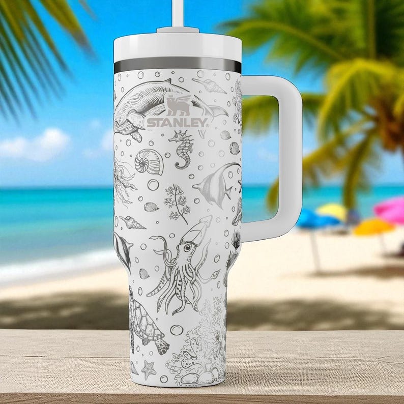 Ocean Creatures Engraved Stanley Tumbler – 40oz Underwater Sea Life Cup with Jellyfish, Turtles, Whales & Coral, Marine Gift Idea image 1