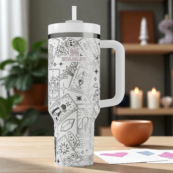 Engraved Tarot Stanley Tumbler – 40oz Witchy Wrap with Major Arcana – Mystical Gift for Her, Spiritual Cup, Occult and Astrology Vibes
