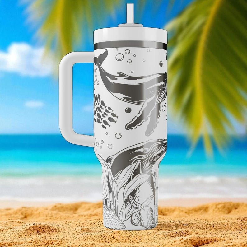 Whale Stanley Tumbler – 40oz Engraved Ocean Cup with Humpback Whales, Bubbles & Coral, Sea Lover Gift, Marine Life Travel Mug image 8