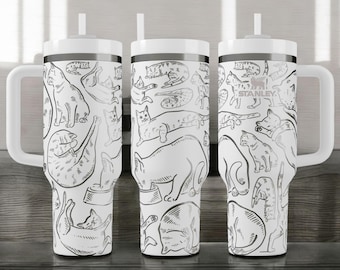 Vaso Stanley grabado con diseño de gatos – 1,2 litros de agua fría con un adorable dibujo lineal de gatos durmiendo y jugando, regalo para amantes de los gatos, taza personalizada para amantes de las mascotas.