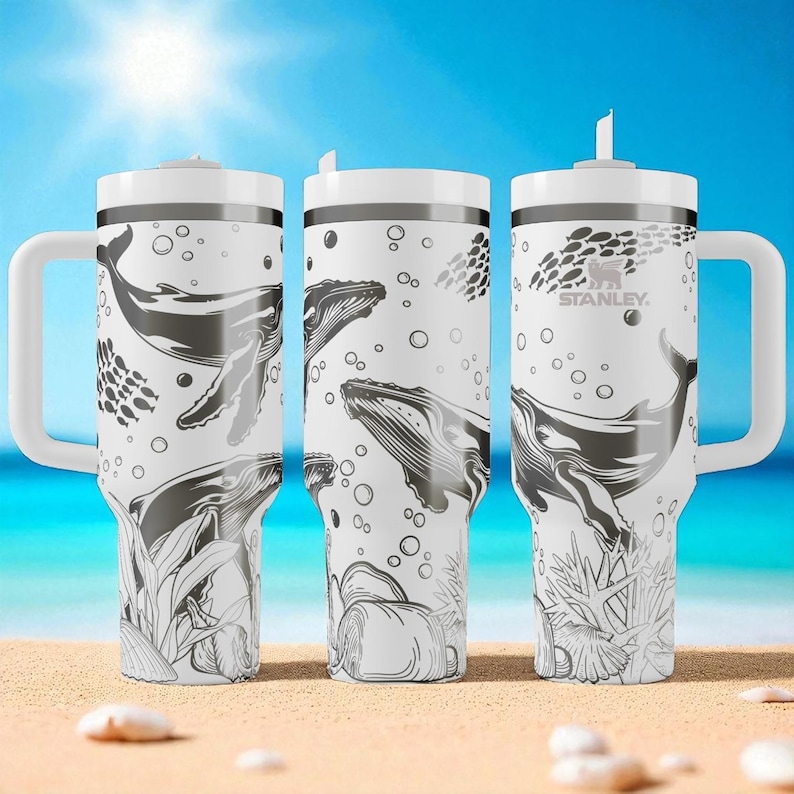 Whale Stanley Tumbler – 40oz Engraved Ocean Cup with Humpback Whales, Bubbles & Coral, Sea Lover Gift, Marine Life Travel Mug image 1