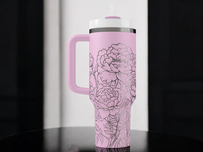 Pfingstrosen-Trinkbecher – Edelstahl-Reisebecher mit Blumenmuster, isolierter Kaffeebecher mit Henkel, Geschenkidee für Sie Bild 8