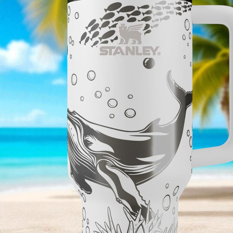 Whale Stanley Tumbler – 40oz Engraved Ocean Cup with Humpback Whales, Bubbles & Coral, Sea Lover Gift, Marine Life Travel Mug image 7