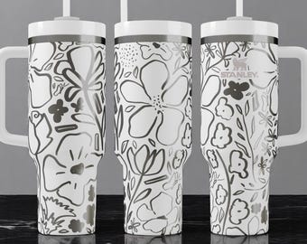 Minimalist Floral Stanley Tumbler – Black & White Flower Outline Design | 40oz Custom Engraved Cup with Straw