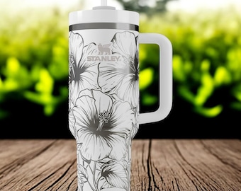 Hibiscus Tumbler – Bloemenreisbeker met handvat, tropische koffiekop, geïsoleerde beker, zomercadeau voor haar