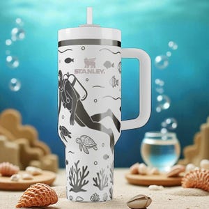 Engraved Ocean Diver Stanley Tumbler – Scuba Underwater Theme Cup – 14oz 20oz 30oz 40oz Gift for Swimmers and Sea Lovers