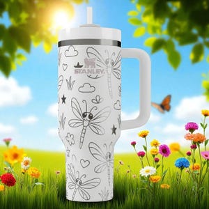Dragonfly Stanley Tumbler Engraved Floral Garden Design 14oz 20oz 30oz 40oz image 1