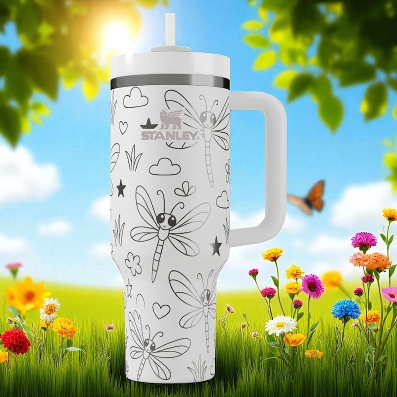 Dragonfly Stanley Tumbler Engraved Floral Garden Design 14oz 20oz 30oz 40oz image 1