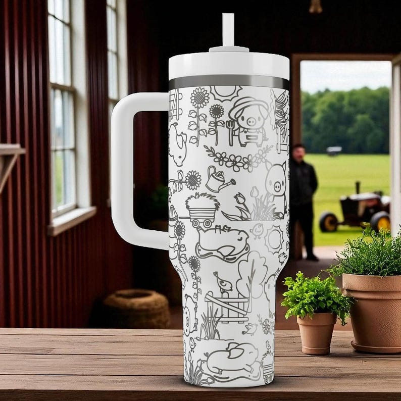 Farm Pig Stanley Tumbler – Cute Engraved Piglet and Barnyard Design (14oz 20oz 30oz 40oz) image 9