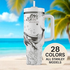 Whale Stanley Tumbler – 40oz Engraved Ocean Cup with Humpback Whales, Bubbles & Coral, Sea Lover Gift, Marine Life Travel Mug