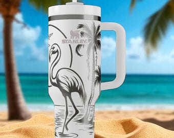 Engraved Flamingo Tumbler — Stanley Cup 14oz 20oz 30oz 40oz — Tropical Palm Beach Design, Fun Summer Gift for Her or Him