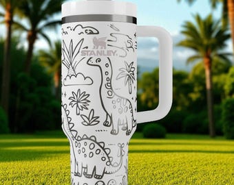 Vaso Stanley de dinosaurios: vaso de 1,2 litros (40 oz) con grabado de dinosaurio, asa y pajita. Un regalo personalizado y divertido para niños, chicos y amantes del Jurásico.