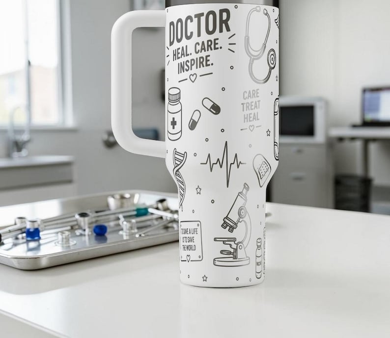 May include: White tumbler with a large white handle, decorated with medical-themed illustrations in black. The tumbler features the words "DOCTOR, HEAL, CARE, INSPIRE" and other medical symbols like a stethoscope and pills.