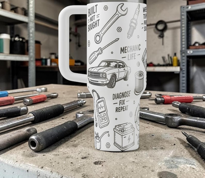 May include: White insulated tumbler with a large handle, featuring a black and white mechanic-themed design. The design includes tools, a classic car, and the phrases "Built Not Bought" and "Diagnose Fix Repeat."