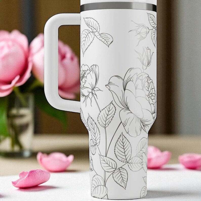 Floral Engraved Stanley Tumbler – 40oz Elegant Rose and Peony Design – Custom Laser Etched Cup for Her, Bridesmaid Gift or Garden Lover image 8