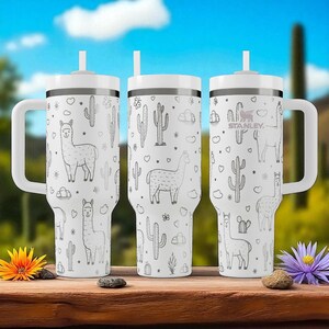 Engraved Llama Tumbler — Stanley Cup 14oz 20oz 30oz 40oz — Cute Cactus and Llama Design, Gift for Animal Lovers and Desert Fans image 2