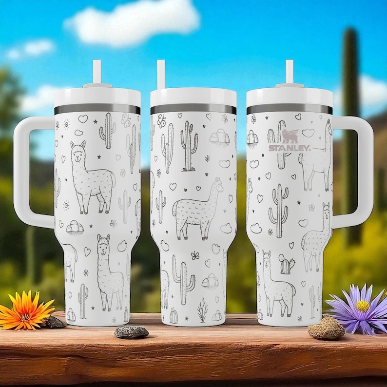 Engraved Llama Tumbler — Stanley Cup 14oz 20oz 30oz 40oz — Cute Cactus and Llama Design, Gift for Animal Lovers and Desert Fans image 2
