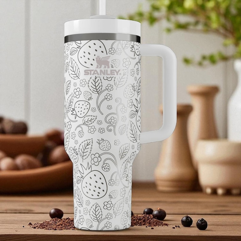 Strawberry Stanley Tumbler – Engraved 40oz Fruit Cup with Handle and Straw – Cute Custom Gift for Her, Summer Drinkware and Berry Lovers image 1