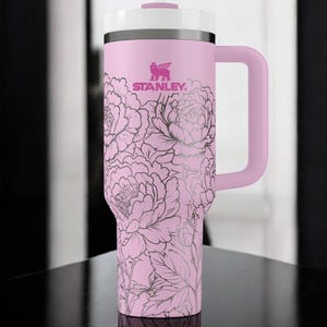 Peony Tumbler – Floral Stainless Steel Travel Mug, Insulated Coffee Cup with Handle, Gift for Her