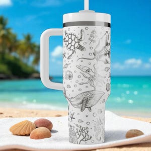Ocean Creatures Engraved Stanley Tumbler – 40oz Underwater Sea Life Cup with Jellyfish, Turtles, Whales & Coral, Marine Gift Idea image 9