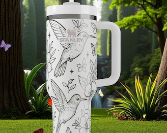 Engraved Hummingbird Tumbler – 40oz Stanley Floral Cup with Birds and Flowers – Nature Gift for Her, Garden Lover, Spring Aesthetic Mug