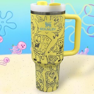 Cartoon Sea Tumbler – Fun Yellow Travel Mug with Handle, Ocean Theme Cup, Cute Character Style Gift for Her or Kids