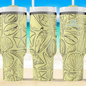 Seashell Stanley Tumbler – 40 oz Beach Lover Gift – Summer Shell Engraved Tumbler with Straw