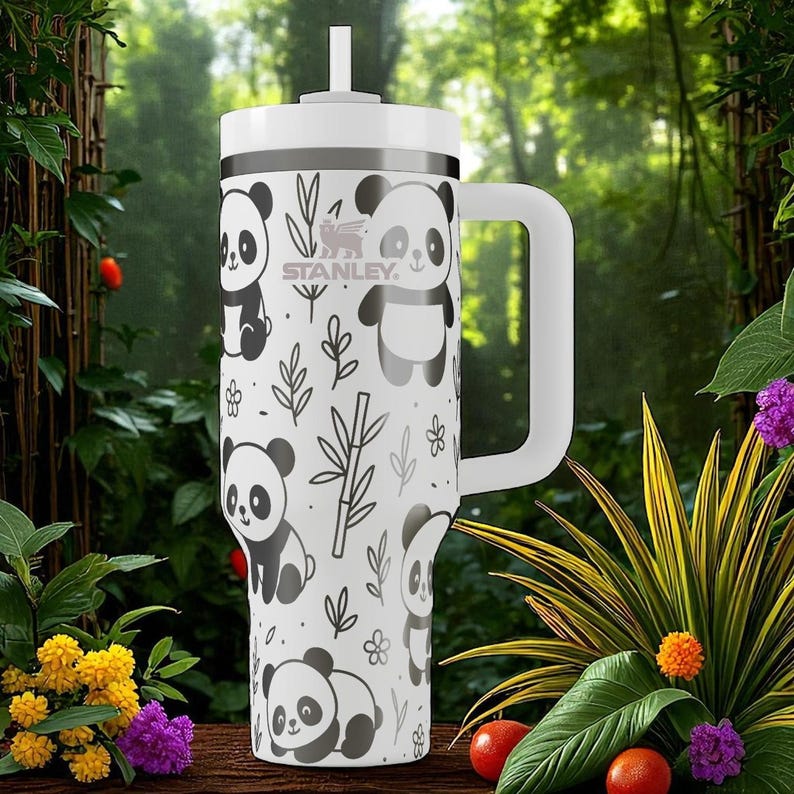 Engraved Panda Tumbler — Stanley Cup 14oz 20oz 30oz 40oz — Cute Bamboo Forest Design, Kawaii Animal Gift for Her or Him image 1