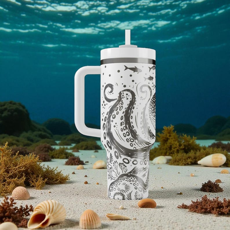 May include: White insulated travel mug featuring a black and grey octopus illustration. The mug has a white handle, lid, and straw. The background depicts an underwater scene with sand, shells, and seaweed.