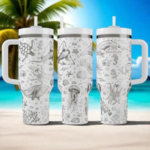 Ocean Creatures Engraved Stanley Tumbler – 40oz Underwater Sea Life Cup with Jellyfish, Turtles, Whales & Coral, Marine Gift Idea image 2