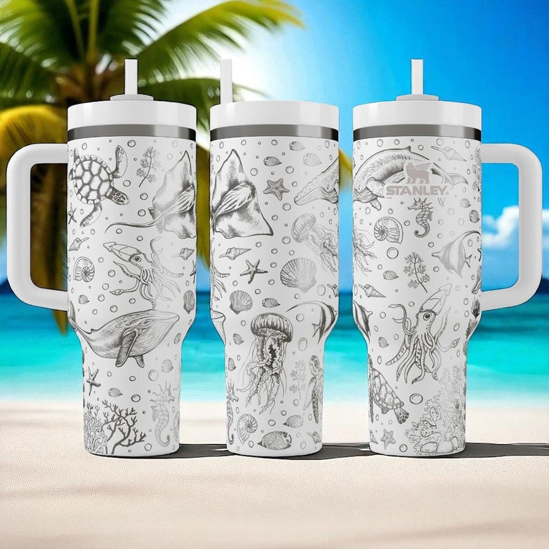 Ocean Creatures Engraved Stanley Tumbler – 40oz Underwater Sea Life Cup with Jellyfish, Turtles, Whales & Coral, Marine Gift Idea image 2