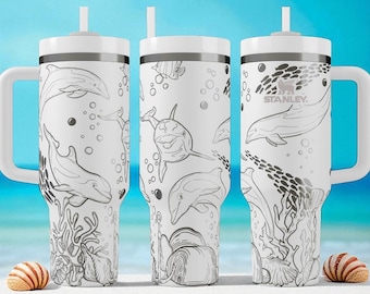 Dolphin Stanley Tumbler – 113 cl graverad havsmugg med korallrev, marint liv resemugg, söt havsdjurspresent för strandälskare